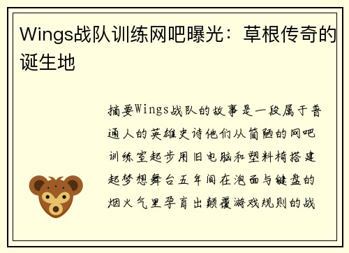 Wings战队训练网吧曝光：草根传奇的诞生地